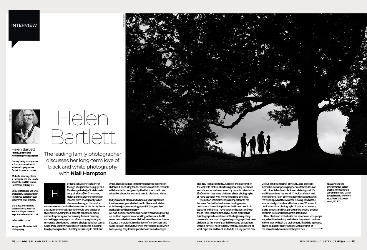 Image showing the first two pages of the interview with British family photographer Helen Bartlett, who discusses her love of black and white photography, in issue 297 (August 2025) of Digital Camera magazine