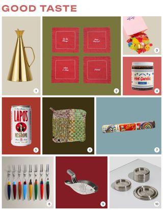 holiday gift guide collage featuring chic presents for foodies and chefs including embroidered word napkins, a lemon squeezer, cool hot mat, Mama Teav's hot garlic, and more