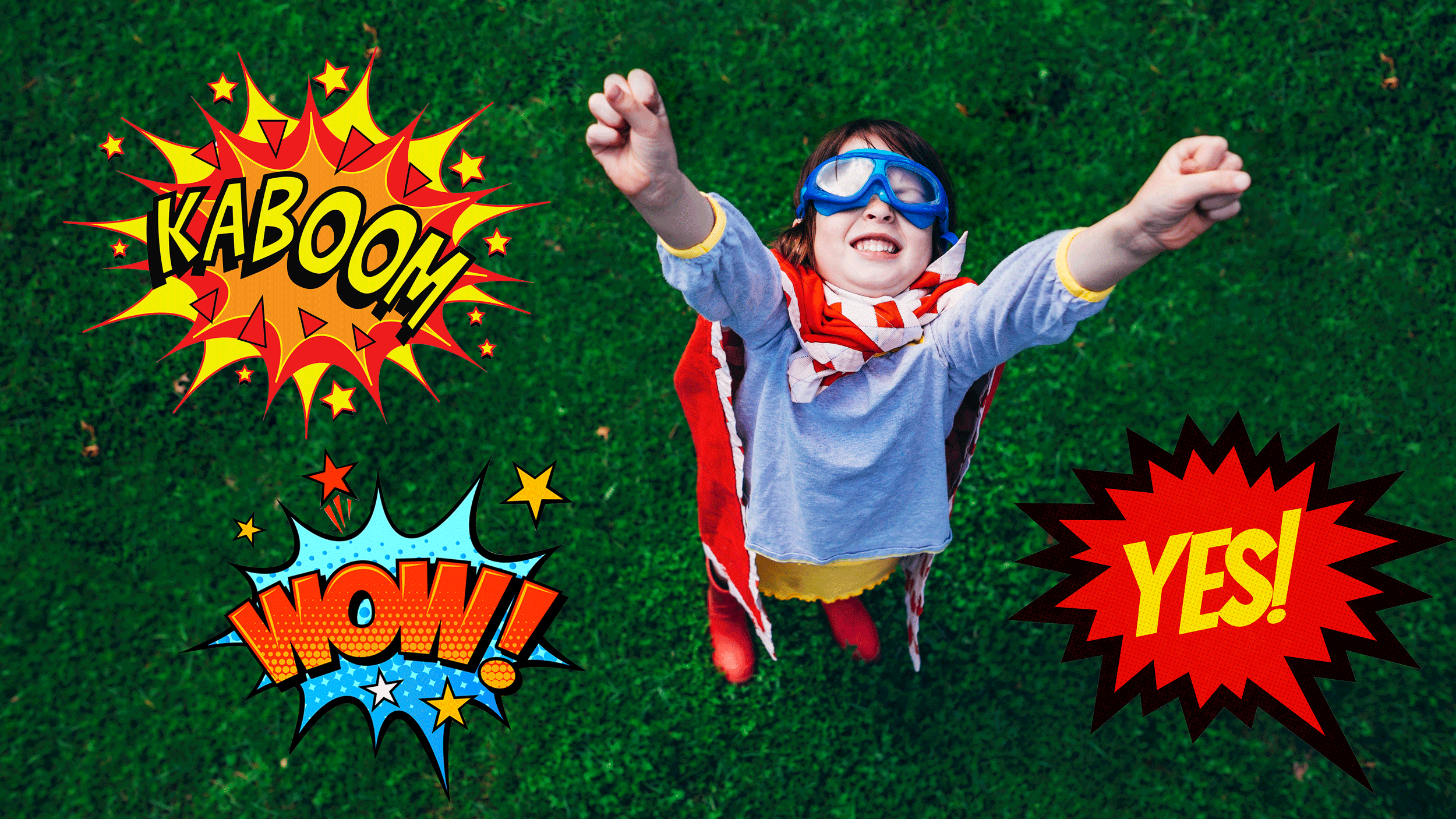 Main image of a little kid in a superhero costume surrounded by comic book sound graphics