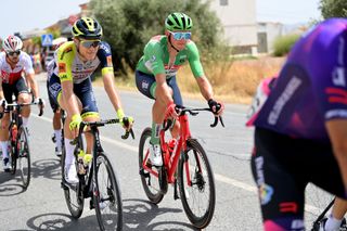 CABO DE GATA SPAIN AUGUST 31 LR Julius Johansen of Denmark and Team Intermarch Wanty Gobert Matriaux and Mads Pedersen of Denmark and Team Trek Segafredo Green Points Jersey compete during the 77th Tour of Spain 2022 Stage 11 a 1912km stage from ElPozo Alimentacin Alhama de Murcia to Cabo de Gata LaVuelta22 WorldTour on August 31 2022 in Cabo de Gata Spain Photo by Justin SetterfieldGetty Images