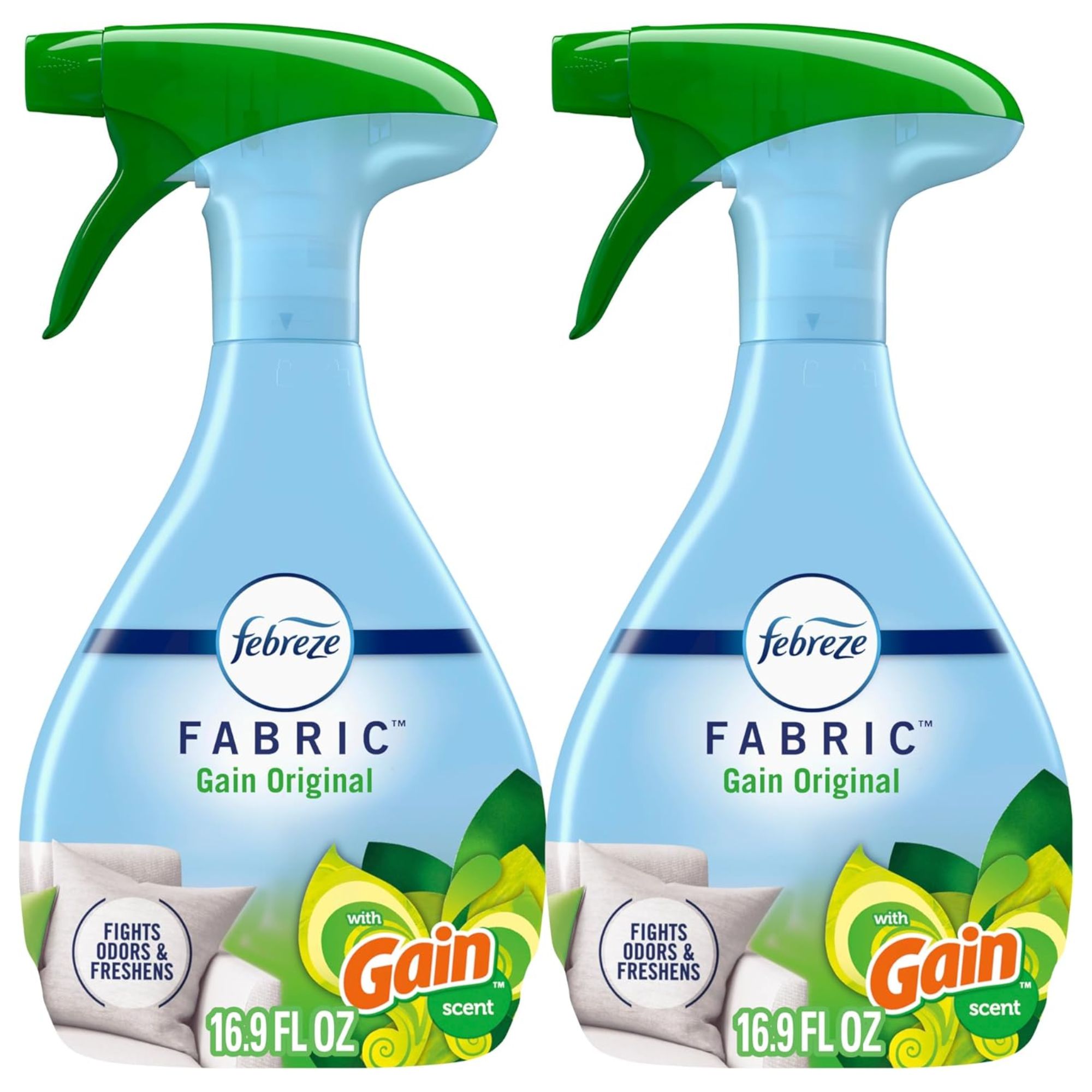 Two blue bottles of fabric spray with green spray lids