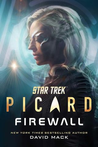 a book cover depicting a portrait of a woman with long hair and a metal implant on her face circling one eye above the text "star trek: picard firewall"