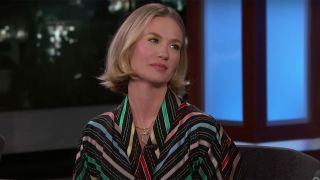 January Jones being interviewed by Jimmy Kimmel.