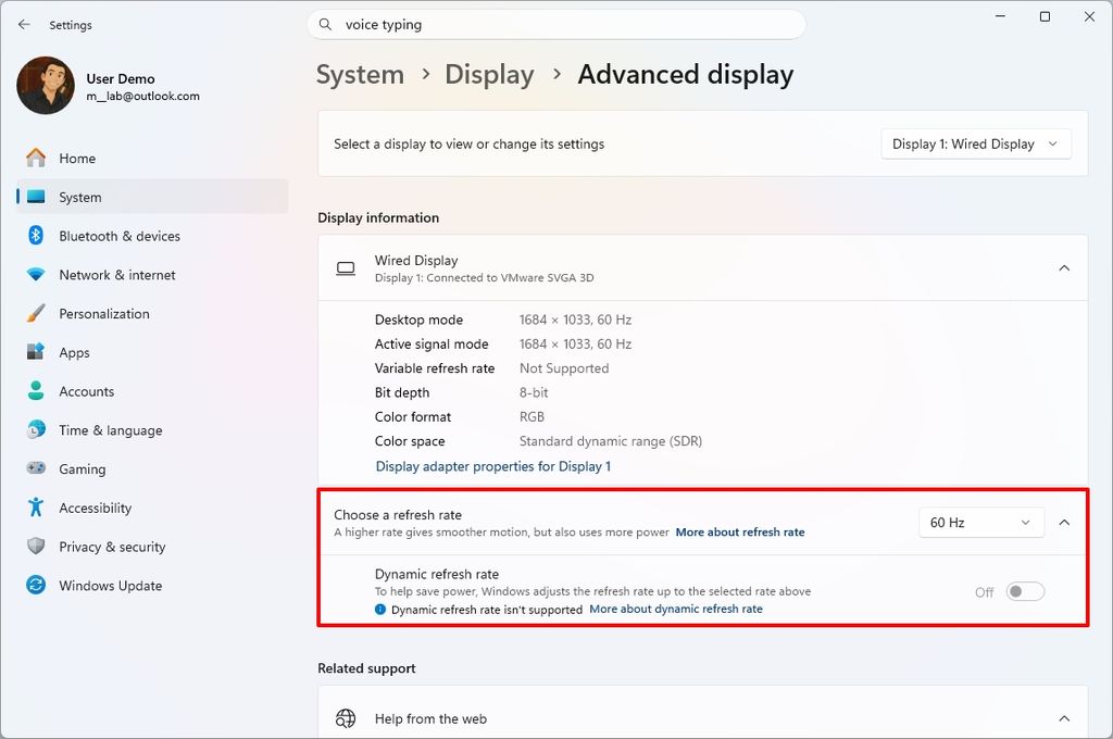 Windows 11 Settings showing the Advanced display page, highlighting the refresh rate setting.