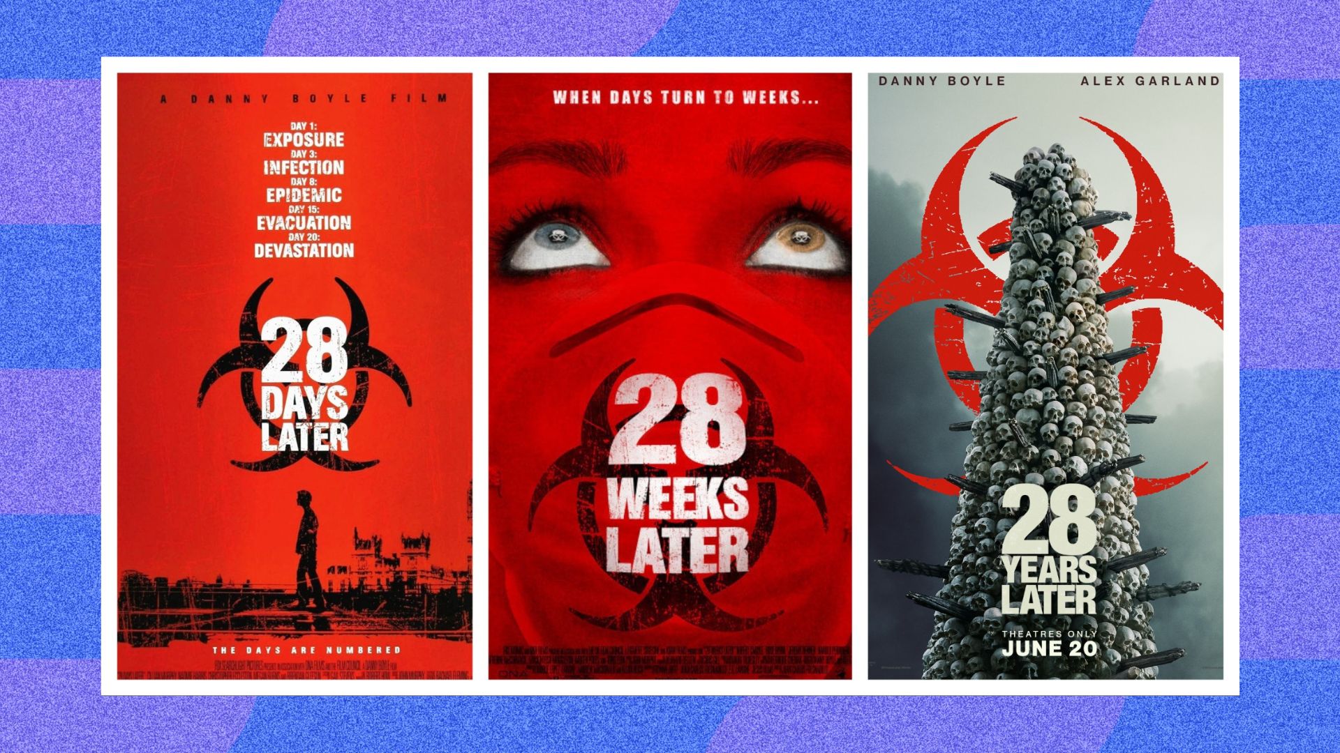 Posters for 28 Days Later, 28 Weeks Later, and 28 Years Later