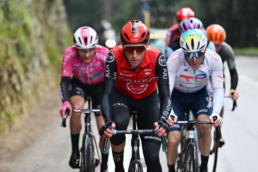 GOURDON FRANCE FEBRUARY 22 Edoardo Zamperini of Italy and Team Arkea BB Hotels competes in the breakaway during the 57th Tour des Alpes Maritimes et du Var 2025 Stage 1 a 1624km stage from Contes to Gourdon on February 22 2025 in Gourdon France Photo by Billy CeustersGetty Images