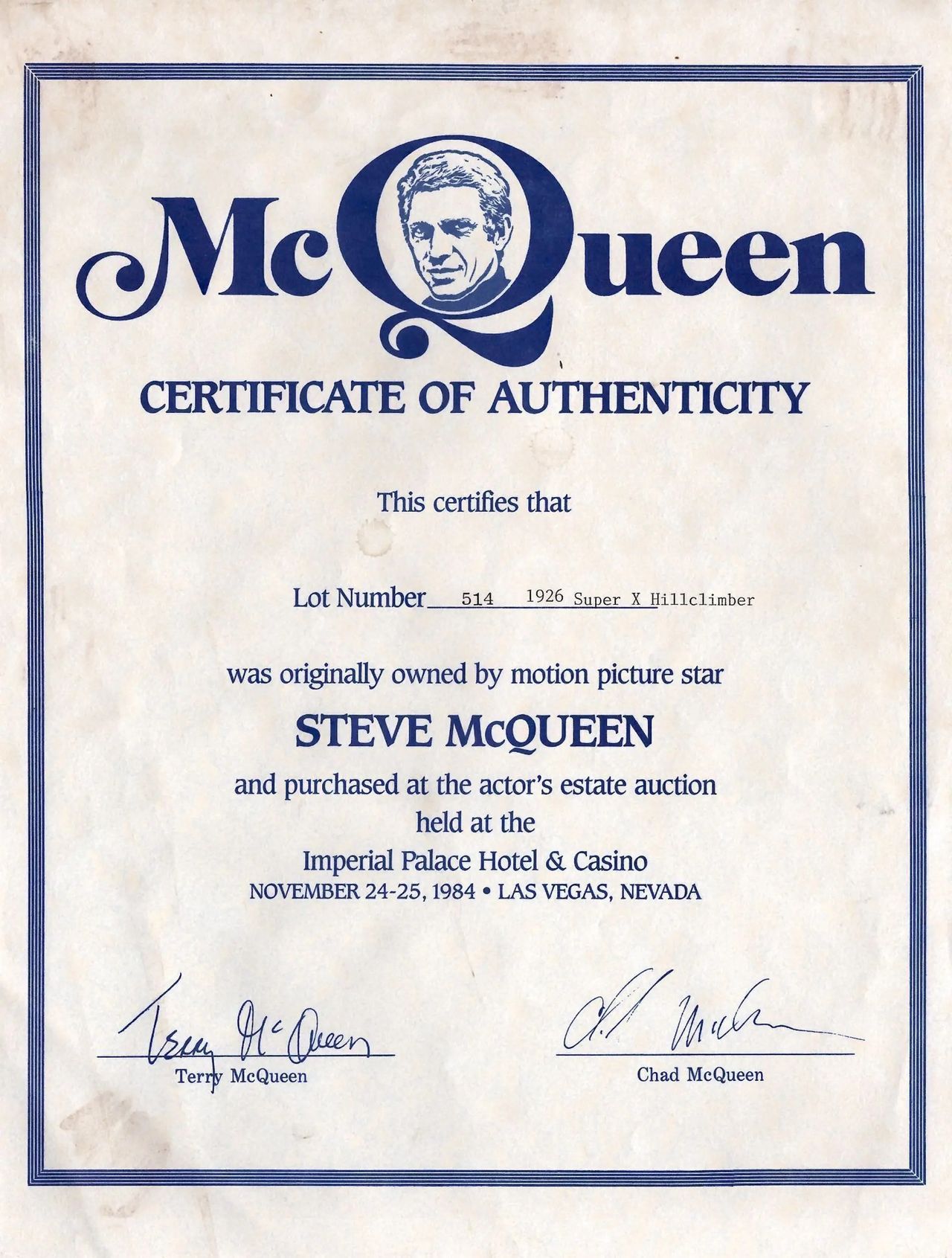 Steve McQueen's bike and certificate of authenticity