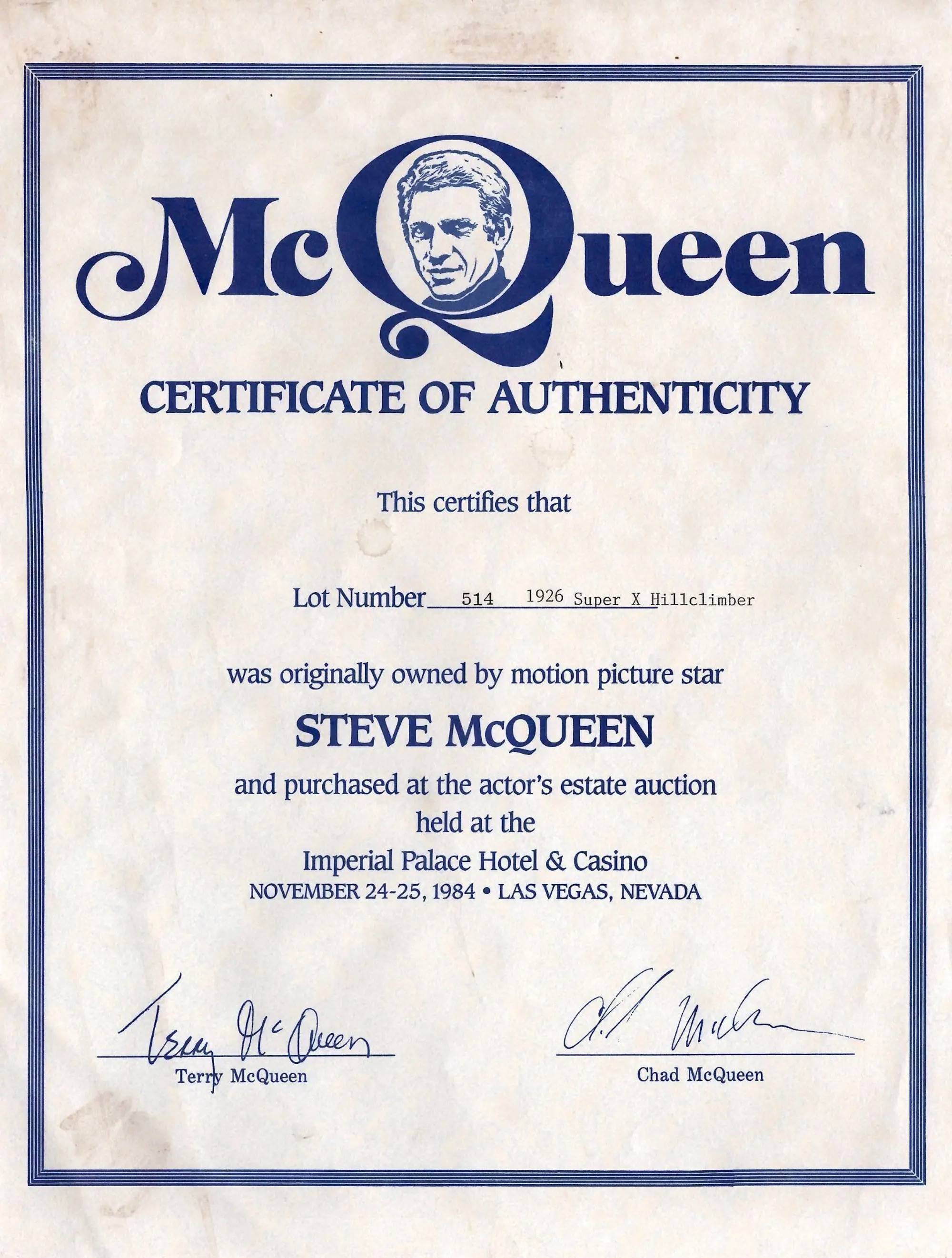 Steve McQueen's bike and certificate of authenticity