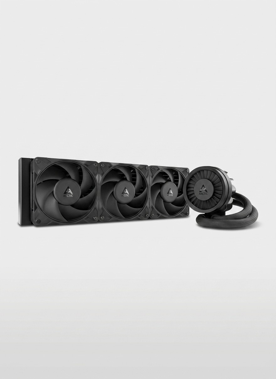 An Arctic Liquid Freezer III Pro AIO CPU cooler on a grey background