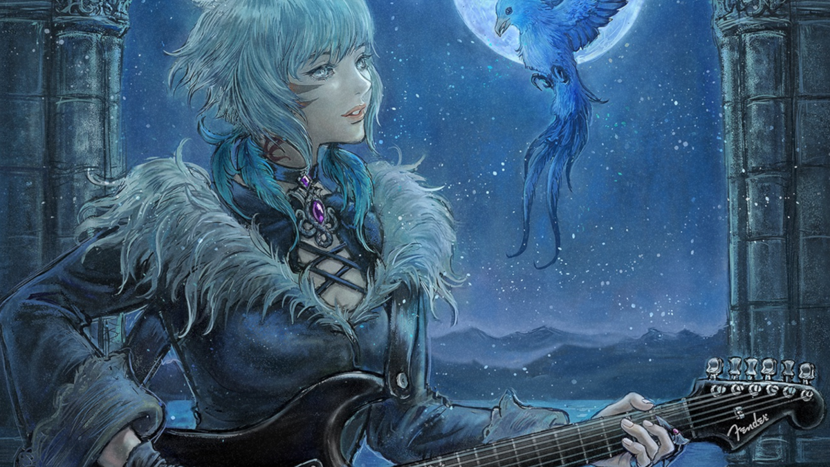 A picture of Y&#039;shtola from Final Fantasy 14 playing guitar to a blue bird, an official piece of artwork which released with a fender guitar promotion.