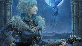 A picture of Y'shtola from Final Fantasy 14 playing guitar to a blue bird, an official piece of artwork which released with a fender guitar promotion.
