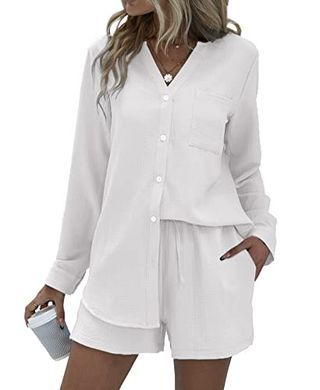 Ekouaer Two Piece Sets for Women Lounge Set Loungewear Long Sleeve and Shorts 2024 Trendy Maching Sets With Pockets White,small