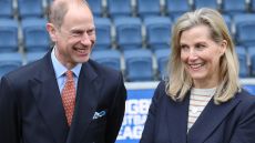 Duchess Sophie and Prince Edward laugh as they speak to children and members of the Leeds Rhinos Women Rugby League team ahead of the Community Sport and Recreation Awards on International Women’s Day at Headingley Stadium on March 08, 2024 in Leeds, England