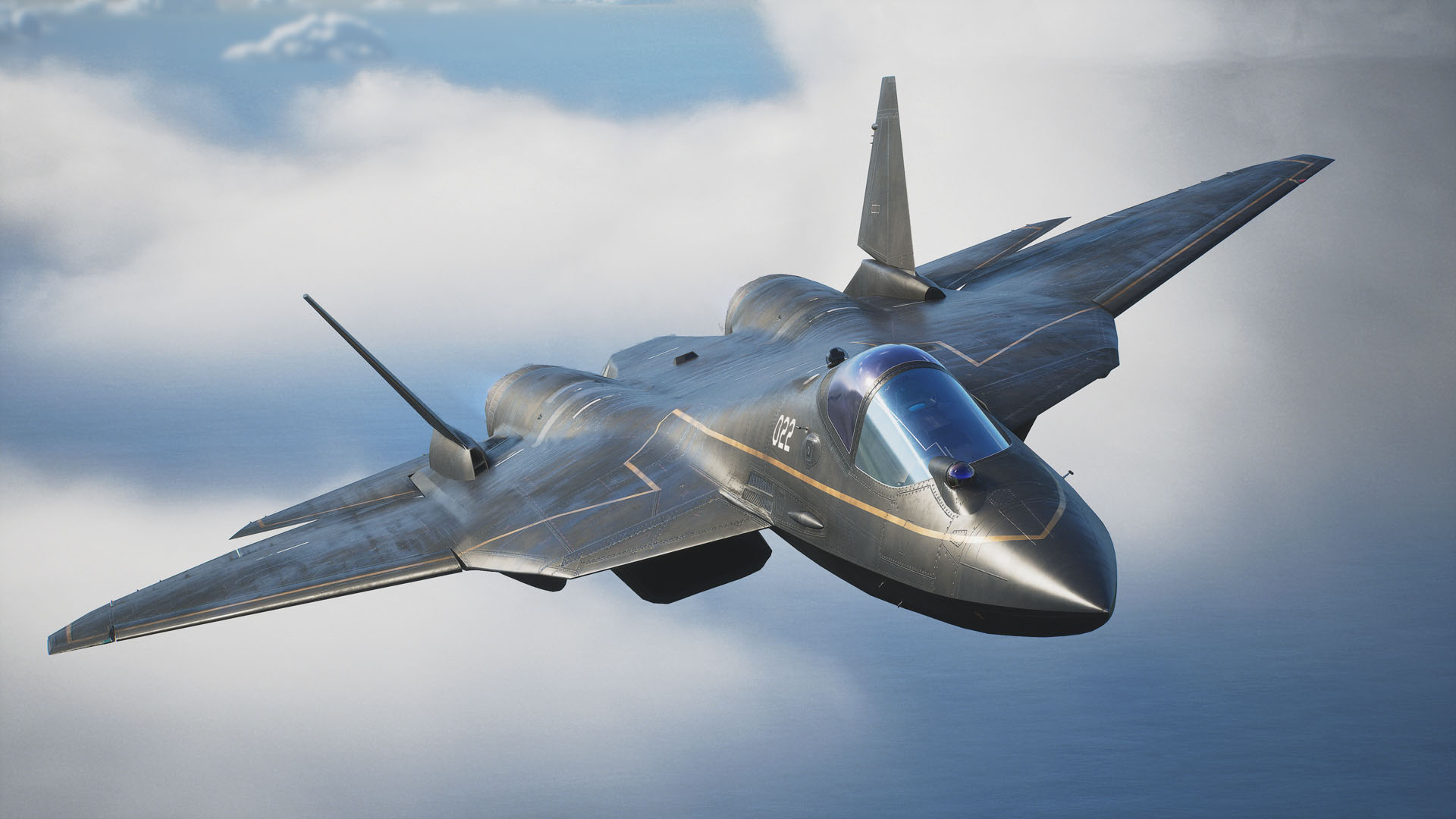 The Shadow jet flies through the sky in Ace Combat 8: Wings of Theve