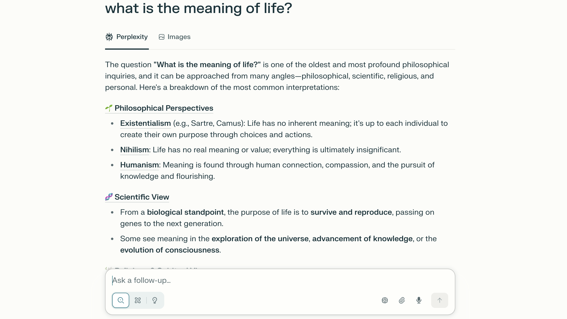 A screenshot of the Perplexity interface, answering philosophy questions, what is the meaning of life