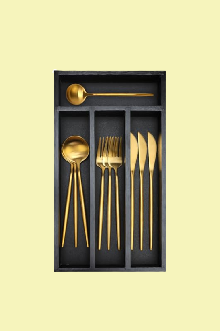 Hilislog, Small Silverware Organizer for Drawer Bamboo Kitchen Utensil Tray Narrow Cutlery Drawer Organizer Flatware Caddy Wooden Utensil Drawers Spoon Fork Holder Black Skinny Silverware Trays Organizers