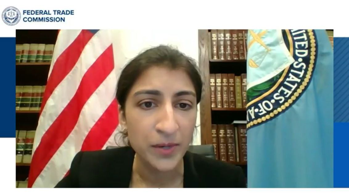 A screengrab of Lina Khan during the FTC meeting on Sept. 14