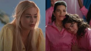 From left to right: Margot Robbie as Barbie in yellow dress and America Ferrera and Ariana Greenblatt holding each other in bright pink jumpsuits.