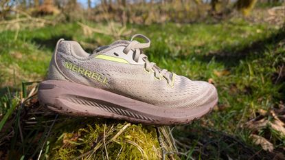 Merrell Morphlite trail running shoe sitting on a grassy log