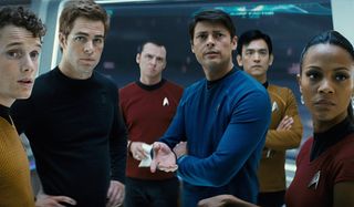 Star Trek the Enterprise crew lined up on deck