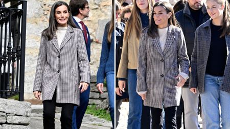 Composite of two pictures of Queen Letizia of Spain wearing a checked blazer-style coat, black jeans and chunky boots in Sotres in 2024