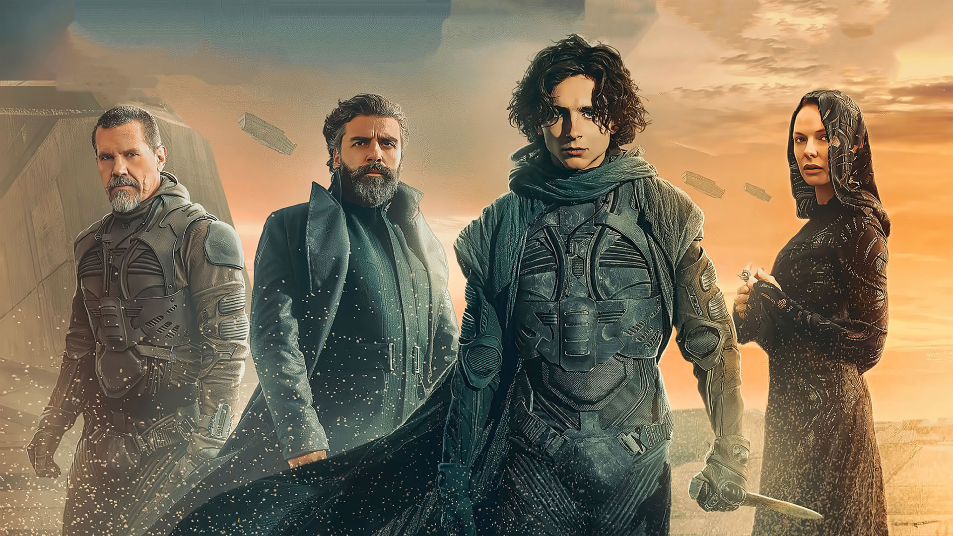 Dune cast standing in the desert for a promotional image