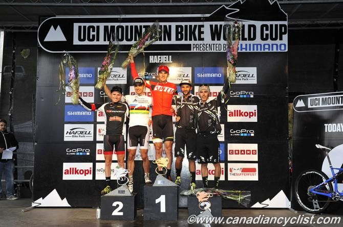 Elite men's cross country podium in Hafjell, Norway