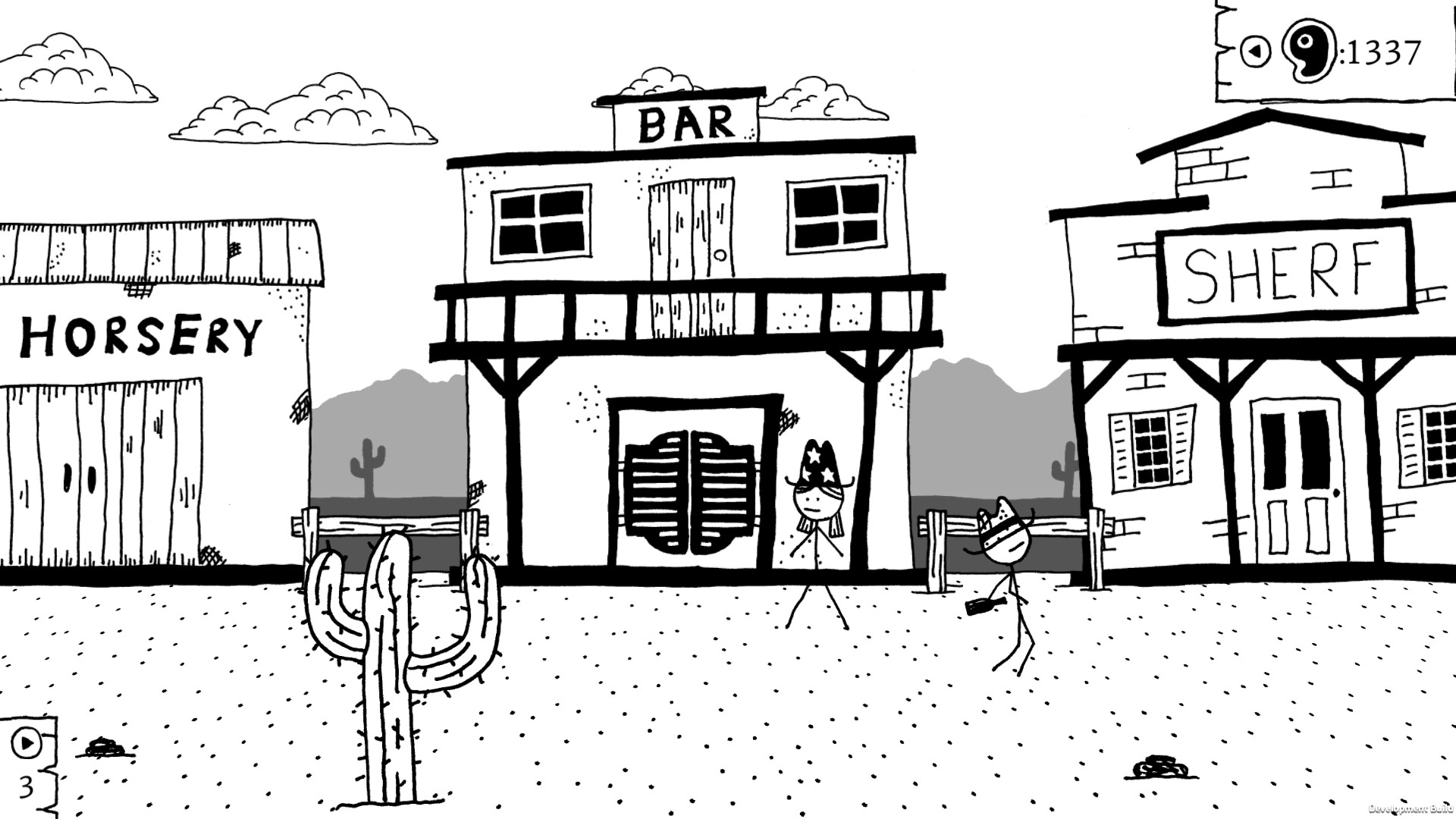 In West of Loathing, black and white stick figures dressed as cowboys and a drawn background can be seen, with the characters walking past a bar
