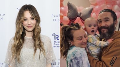 Kaley Cuoco has wavy brown hair with blonde highlights and wears a glittering sheer top, opposite a candid photo of Cuoco with her baby daughter Matilda and fiance Tom Pelphrey