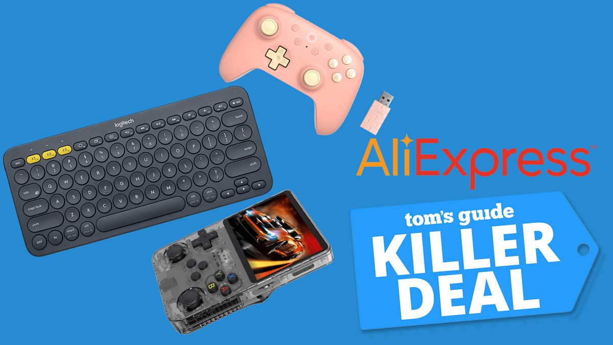 A selection of tech gadgets available on AliExpress with a Tom&#039;s Guide deal badge