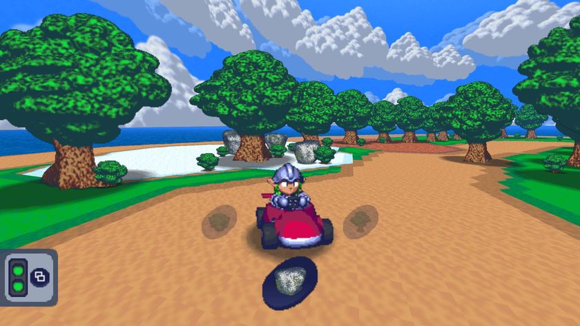 Screenshot from Mythic Kart Maker showing a fantasy knight in a kart facing the camera, while sitting idly on a brown road surrounded by trees.