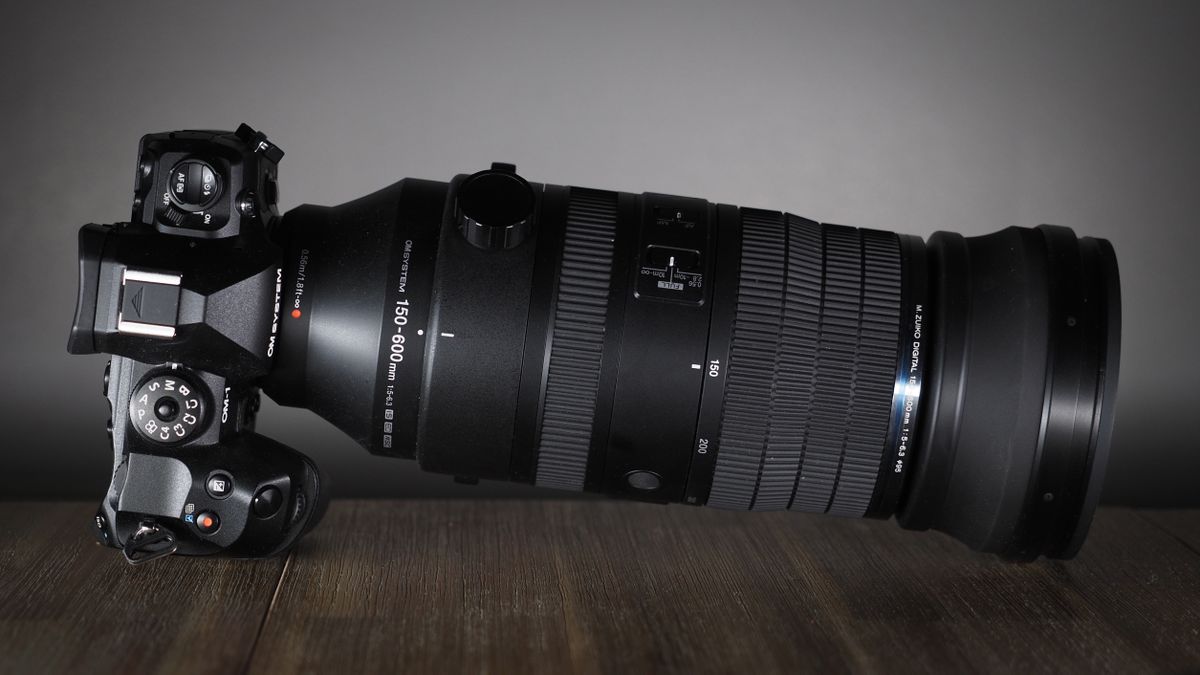 OM System M.Zuiko 150-600mm f/5.0-6.3 IS lens, mounted to an OM System OM-1 Mark II, on a wooden surface lit with moody lighting