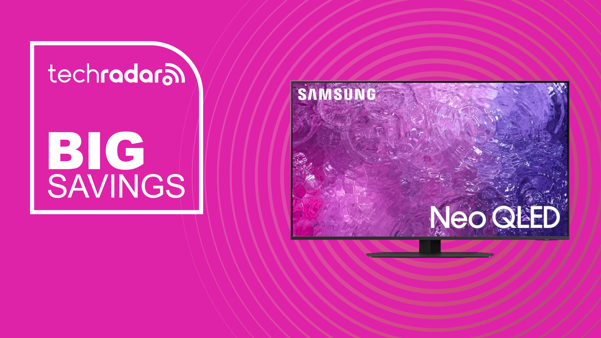 Samsung QN90C TV on purple background with big savings text overlay