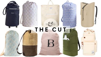 Stylish dorm room laundry bags, including whimsical, farmhouse, retro, and classic monogram styles, pictured against a white background