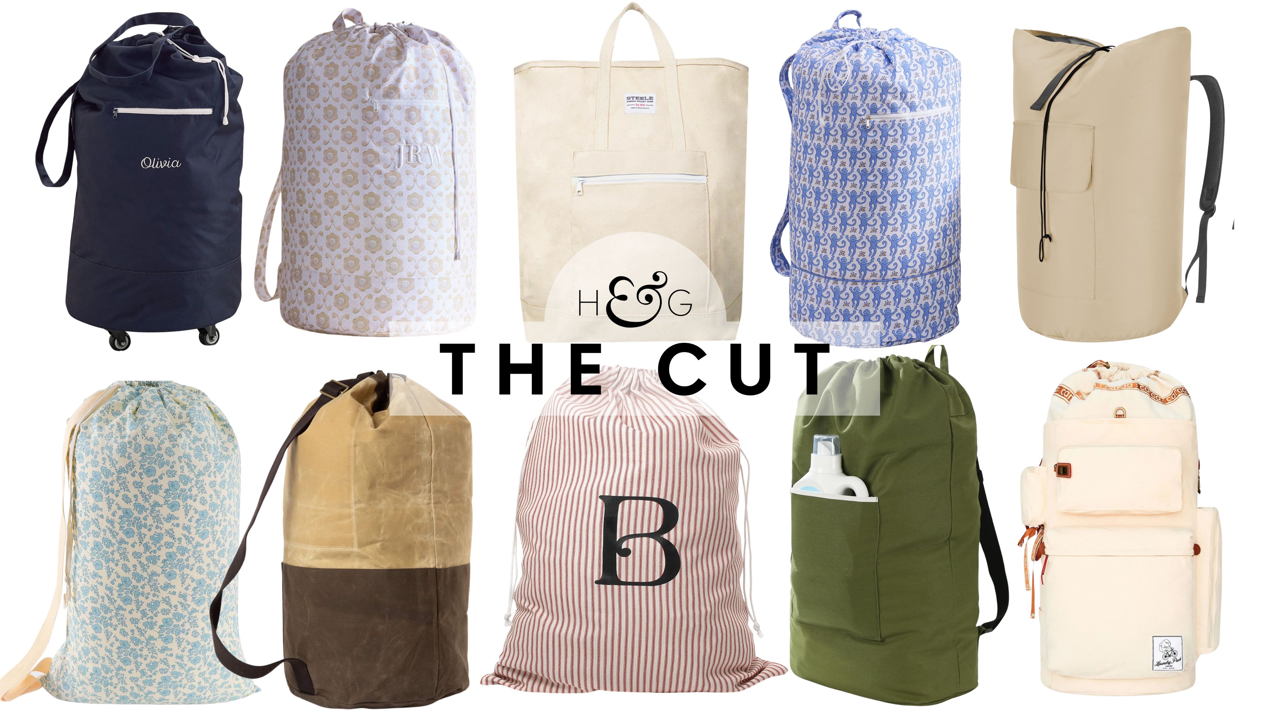 Stylish dorm room laundry bags, including whimsical, farmhouse, retro, and classic monogram styles, pictured against a white background