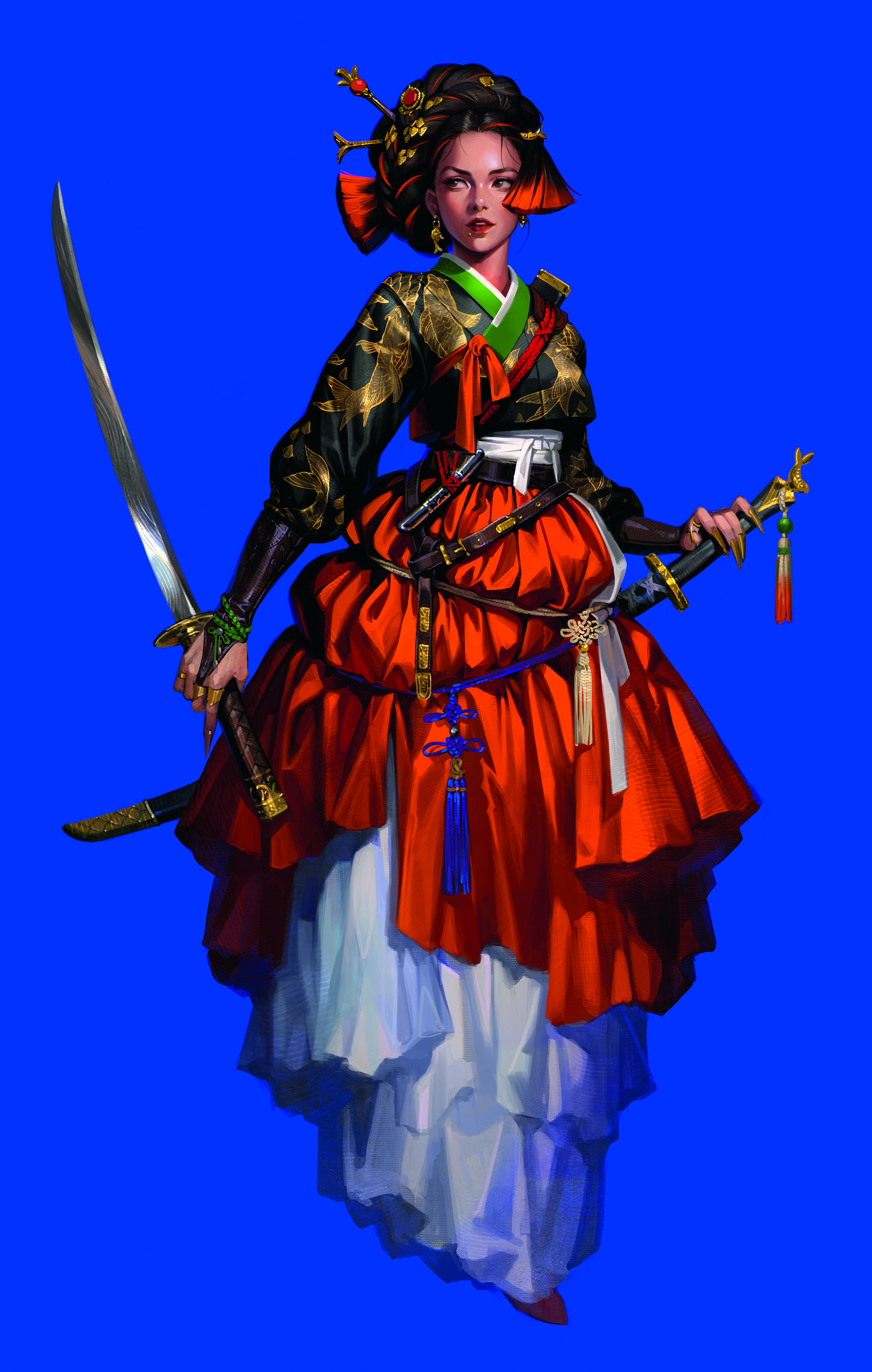 Colourful digital art showing a woman dressed in traditional Korean costume
