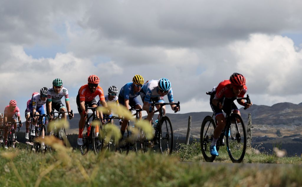 Escapees ride during the 13th stage of the 107th edition of the Tour de France cycling race 191 km between ChatelGuyon and Puy Mary on September 11 2020 Photo by KENZO TRIBOUILLARD AFP Photo by KENZO TRIBOUILLARDAFP via Getty Images