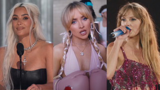 In side-by-side images, Kim Kardashian is shown on stage at the Netflix Roast of Tom Brady; Sabrina Carpenter wears boxing gloves in her Feather music video; and Taylor Swift sings during the Eras Tour movie.