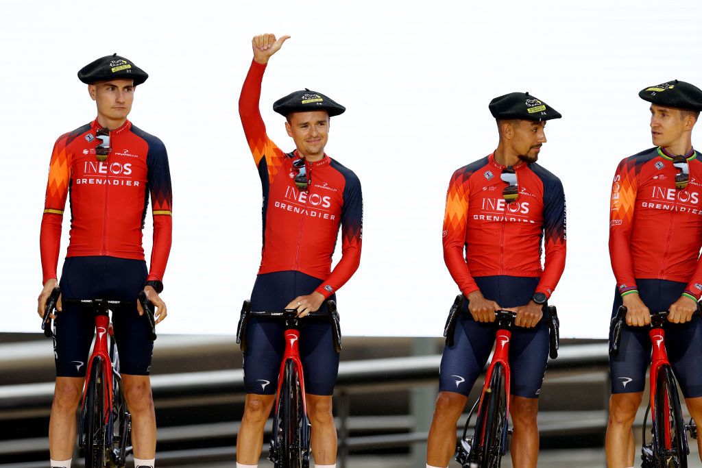 BILBAO SPAIN JUNE 29 LR Carlos Rodriguez Cano of Spain Tom Pidcock of United Kingdom Daniel Martinez of Colombia and Michal Kwiatkowski of Poland and Team INEOS Grenadiers during the team presentation of the 110th Tour de France 2023 at the Guggenheim Museum Bilbao UCIWT on June 29 2023 in Bilbao Spain Photo by Michael SteeleGetty Images