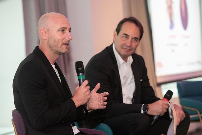 Viant CEO Tim Vanderhook (l.) offers &ldquo;The Tech POV&rdquo; in a midday keynote with Broadcasting+Cable business editor Jon Lafayette.