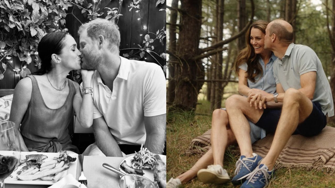 A black and white pic of Meghan and Harry kissing at a dinner table next to a picture of Kate and William kissing in the woods on a blanket