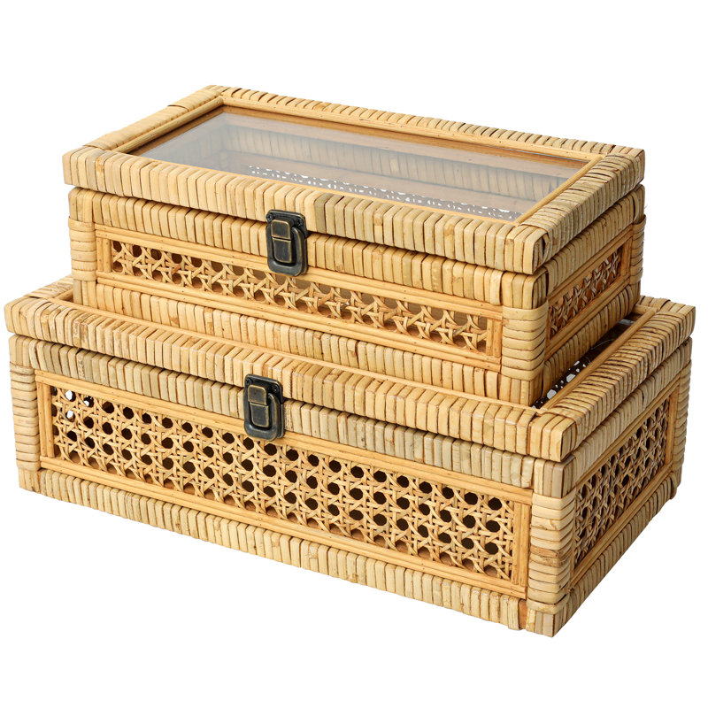 Bay Isle Home&amp;trade; Rattan Decorative Boxes With Glass Top, Set of 2 &amp;amp; Reviews | Wayfair