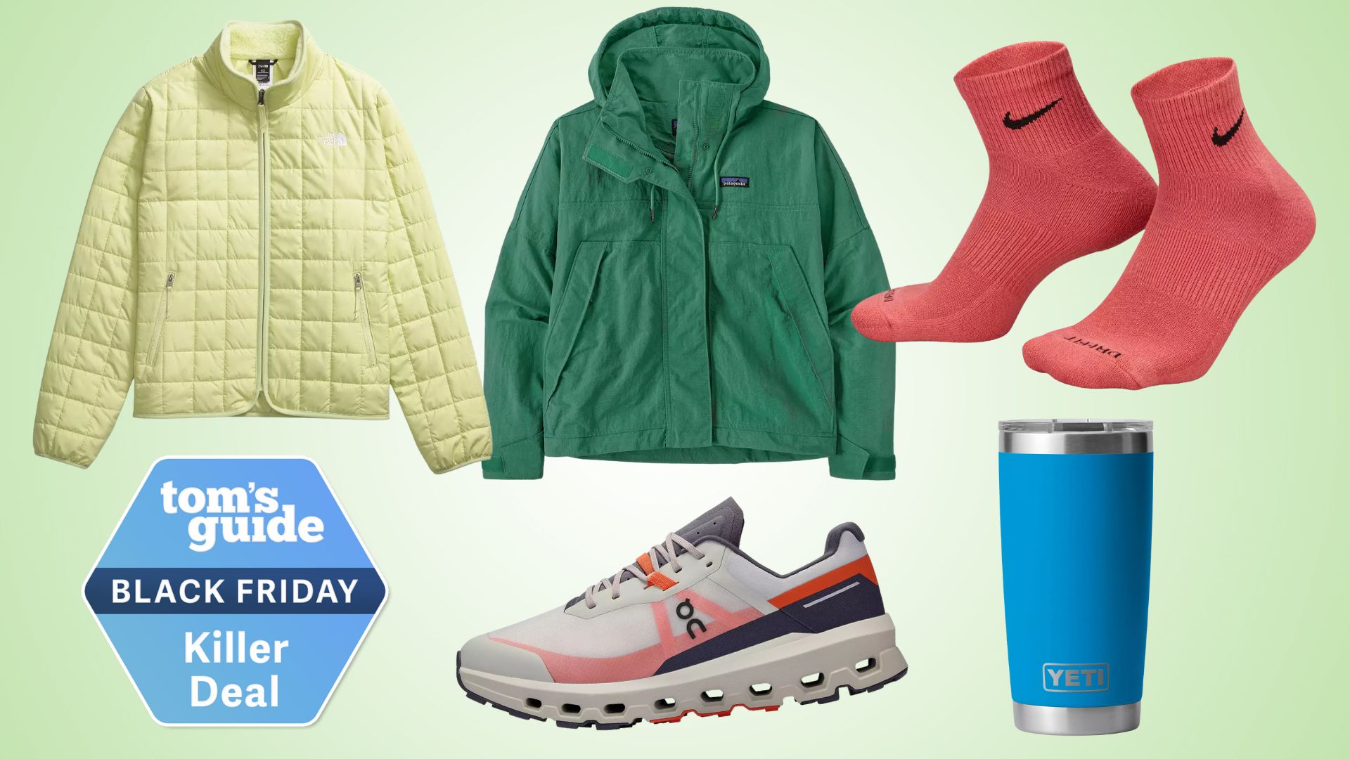 a selection of apparel sold at Dick&#039;s Sporting Goods from The North Face, Patagonia, Nike, On and Yeti
