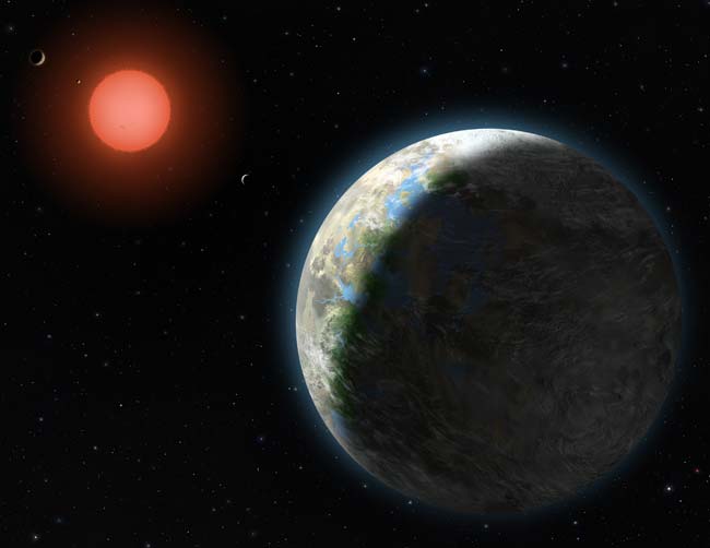 This artist&#039;s conception shows the inner four planets of the Gliese 581 system and their host star, a red dwarf only 20 light-years from Earth.