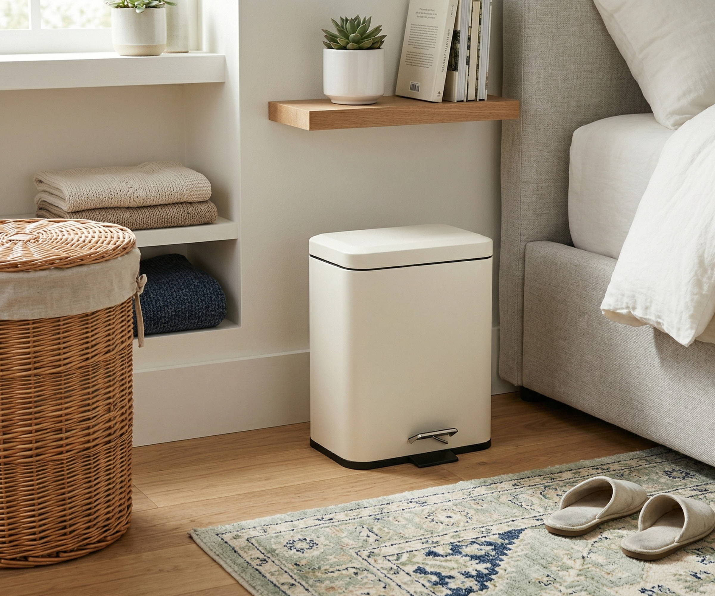 Cream dual pedal bin in a bedroom setting next to a bed, under a shelf with books and to the right of built in shelves with clothes folded and a wicker bin