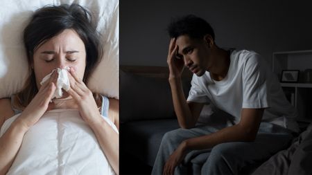 On the left, a woman lies in bed blowing her nose because she doesn't feel well. On the right, a man sits on the edge of the bed in the dark with his head in his hands, feeling stressed and experiencing insomnia.