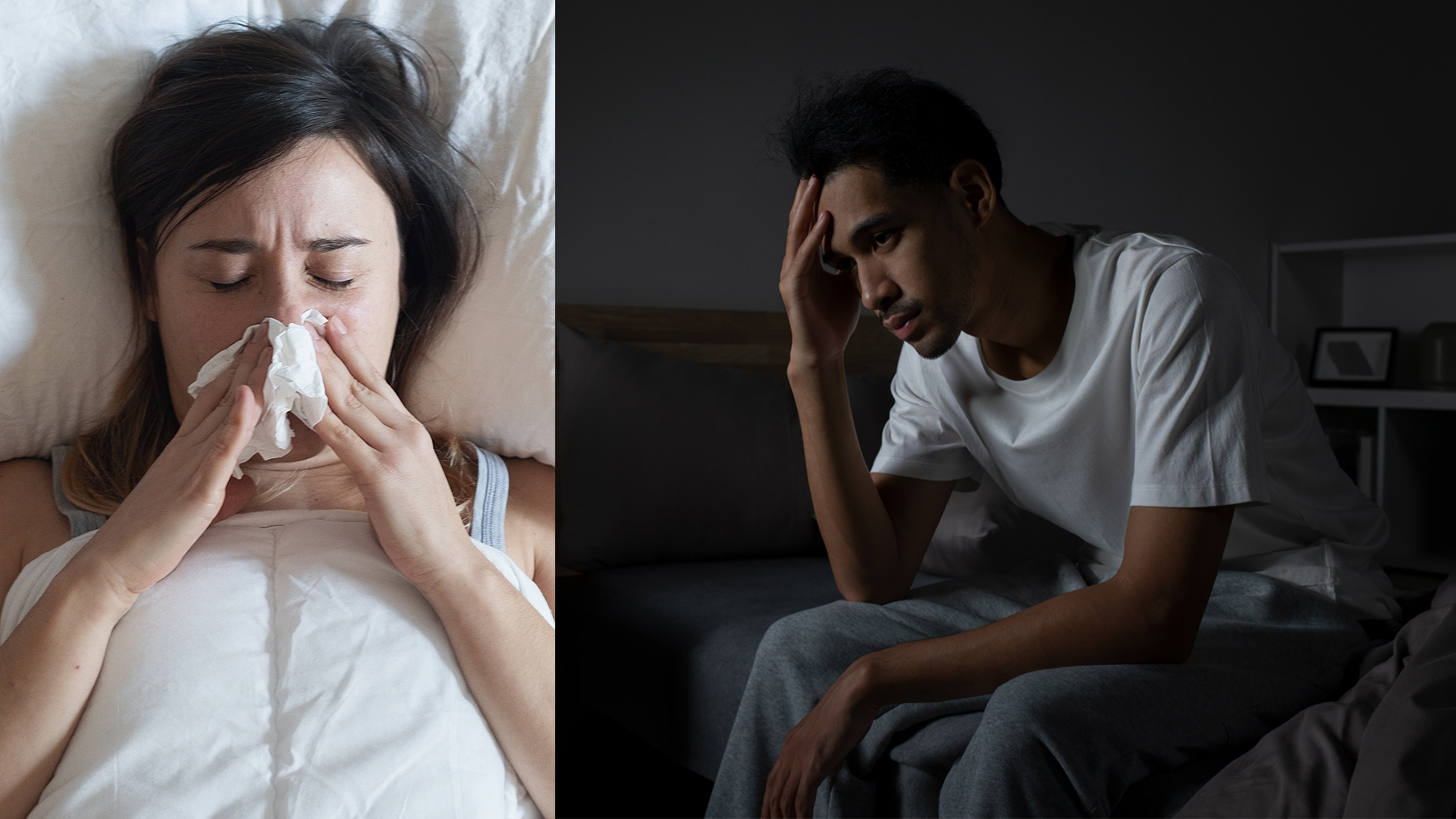 On the left, a woman lies in bed blowing her nose because she doesn't feel well. On the right, a man sits on the edge of the bed in the dark with his head in his hands, feeling stressed and experiencing insomnia.