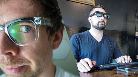 A composite shot showing one person wearing smart glasses with built-in cameras and another person wearing smart glasses with a built-in display