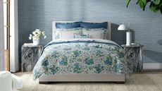 Matouk Pomegranate Duvet Cover in blue bedroom