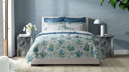 Matouk Pomegranate Duvet Cover in blue bedroom